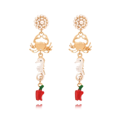 Seahorse Crab Chili Long Drop Earrings With Faux Artificial Pearl And Stainless Steel Earring Post Alloy Creative Retro Jewelry