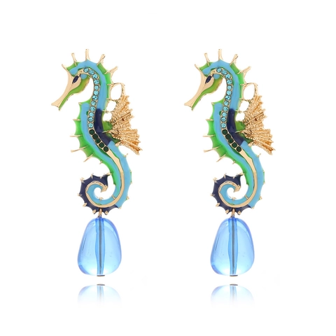 Bunte Emaille Seepferdchen Hängeohrringe Mit Blauem Wassertropfen Anhänger Strass Ozean Tier Schmuck Für Damen