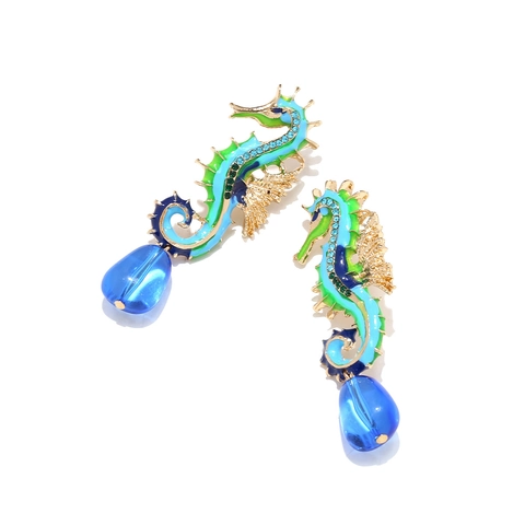 Bunte Emaille Seepferdchen Hängeohrringe Mit Blauem Wassertropfen Anhänger Strass Ozean Tier Schmuck Für Damen