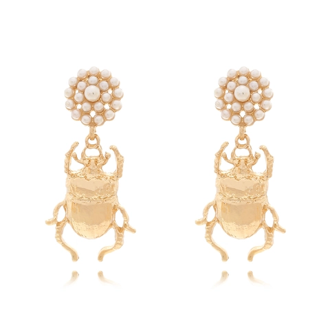 Orecchini Pendenti Scarabeo Con Imitazione Perla Artificial E Perno In Acciaio Inossidabile Gioielli Retro Insetti Per Donne
