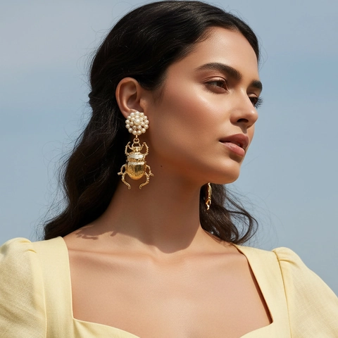 Orecchini Pendenti Scarabeo Con Imitazione Perla Artificial E Perno In Acciaio Inossidabile Gioielli Retro Insetti Per Donne