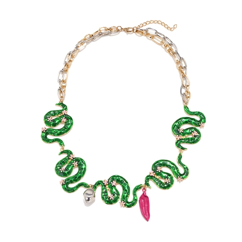 Collar De Declaración De Serpiente De Esmalte Para Mujeres Aleación De Zinc Multi Elemento Cadena Gruesa Diseño Floral Colgante