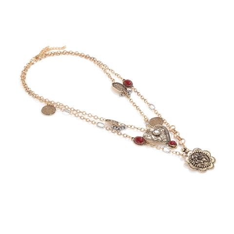 Vintage Bohemian Multi Layered Necklace Heart Badge Flower Pendant Zinc Alloy Resin Beads Jewelry For Women