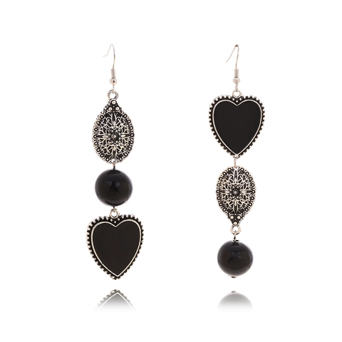 Asymmetric Heart Long Drop Earrings With Stainless Steel Earring Post Retro Black Beads Hollow Carved Drip Oil For Women