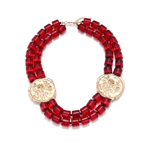 Vintage Double Layer Beaded Necklace With Resin Beads And Rose Flower Embossed Round Pendants Retro Luxury Women