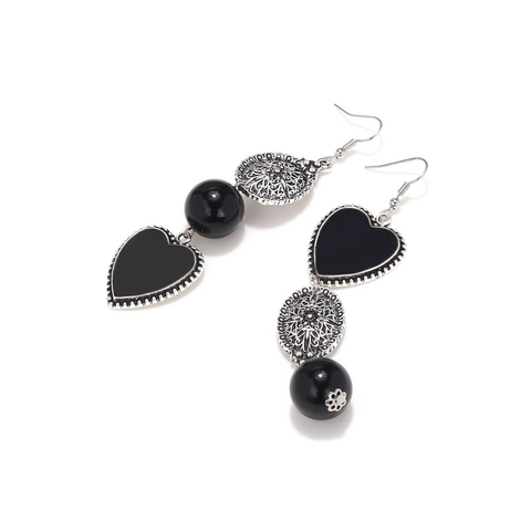 Asymmetric Heart Long Drop Earrings With Stainless Steel Earring Post Retro Black Beads Hollow Carved Drip Oil For Women