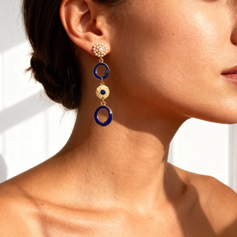 Vintage Geometric Dangle Earrings With Blue Enamel Hammered Metal Disc Faux Artificial Pearl And Stainless Steel Earring Post