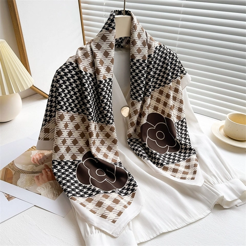 Women Satin Like Square Scarf Camellia Houndstooth Print Twill Polyester Shawl Wrap Elegant French Style