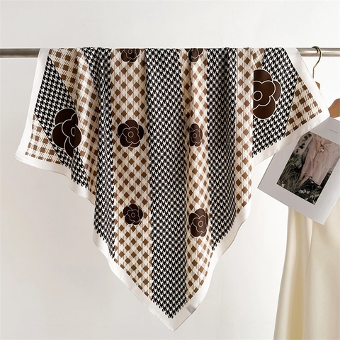 Women Satin Like Square Scarf Camellia Houndstooth Print Twill Polyester Shawl Wrap Elegant French Style