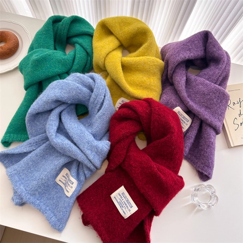 Damen Minimalistisch Einfarbig Wollmischung Strickschal Winter Warm Weich Lang Schal Halswärmer Mit Buchstaben-Etikett Mode Wickel