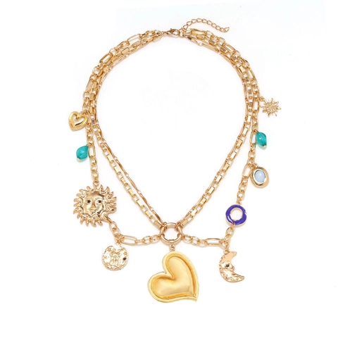 Meerlagige Hanger Ketting Gouden Legering Hart Zon Maan Munt Boho Vintage Sieraden Voor Dames