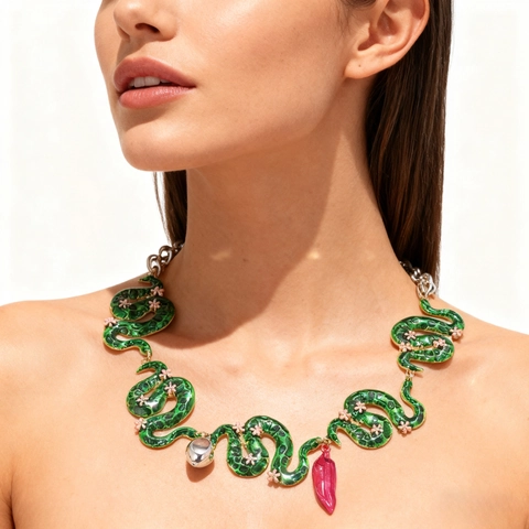 Collar De Declaración De Serpiente De Esmalte Para Mujeres Aleación De Zinc Multi Elemento Cadena Gruesa Diseño Floral Colgante