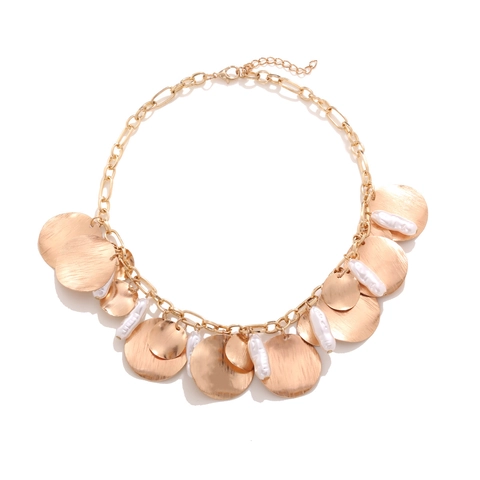 Bohemian Oversized Necklace With Brushed Iron Discs And Faux Artificial Baroque Pearls Vintage Clavicle Chain For Women