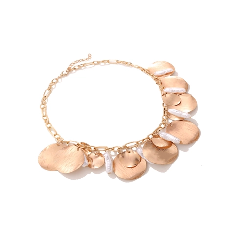 Bohemian Oversized Necklace With Brushed Iron Discs And Faux Artificial Baroque Pearls Vintage Clavicle Chain For Women