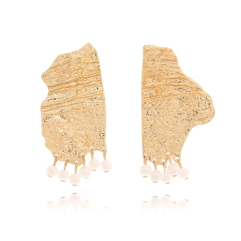 Asymmetric Geometric Drop Earrings Zinc Alloy Hammered Gold Plated With Imitation Artificial Pearl Stainless Steel Earring Post