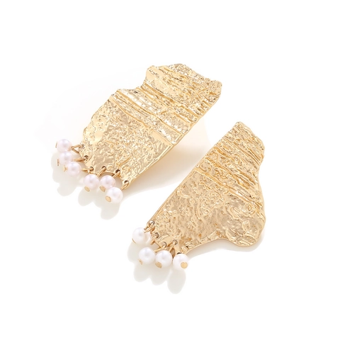 Asymmetric Geometric Drop Earrings Zinc Alloy Hammered Gold Plated With Imitation Artificial Pearl Stainless Steel Earring Post