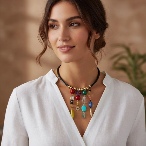 Bohemian Bunte Harz Perlen Anhänger Halskette Damen PU Lederband Ethno Stil Schmuck Zubehör