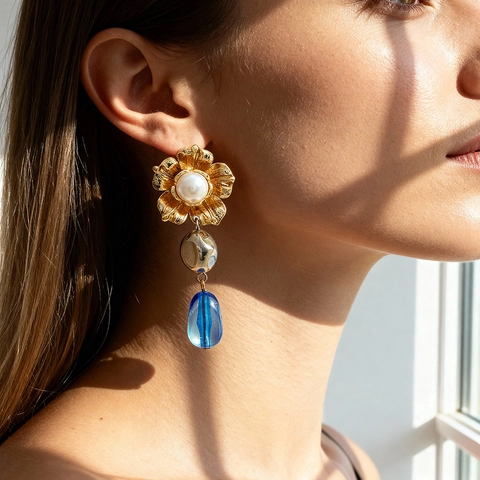 Orecchini Pendenti A Fiore Con Perla Artificial Sintetica E Goccia In Resina Lega Di Zinco Vintage Elegante Per Donna Con Perno In Acciaio Inossidabile