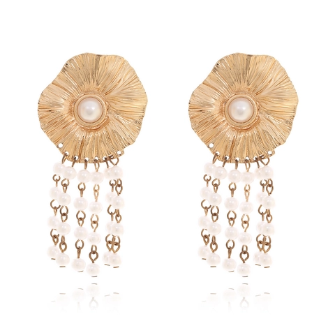 Elegant Flower Tassel Earrings For Women Zinc Alloy Imitation Artificial Pearl Long Drop Dangle Retro Style With Stainless Steel Post