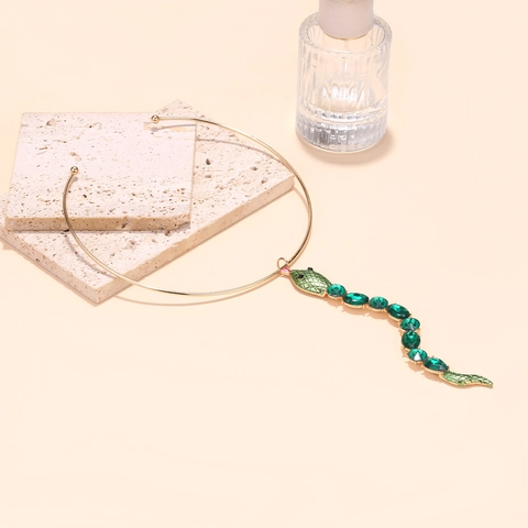 Collana Girocollo Con Ciondolo A Serpente Retrò Per Donna Lega Oro Strass Verde Forma Animale Gioielli Di Moda