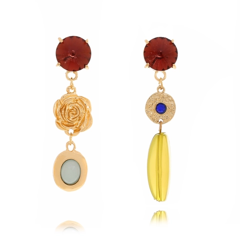 Orecchini Pendenti Asimmetrici Vintage Resina Strass Design Floreale Geometrico Perno In Acciaio Inossidabile