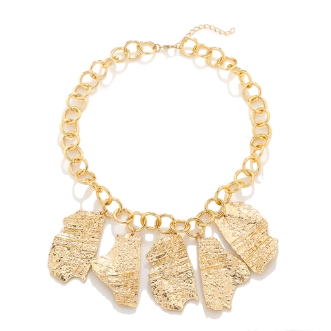 Vintage Punk Chunky Round Link Chain Necklace With Irregular Geometric Hammered Texture Zinc Alloy Pendants For Women Fashion
