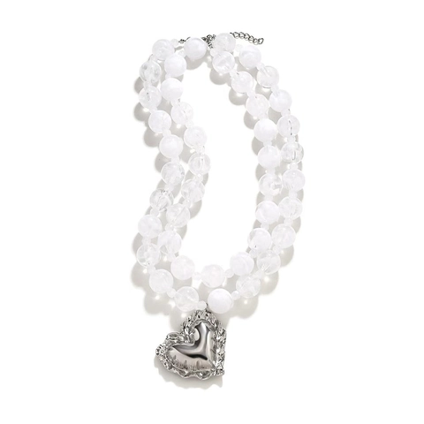 Retro Herz Anhänger Zwelagige Perlenkette Strukturierte Silberlegierung Weiße Acrylperlen Für Damen Vintage Stil