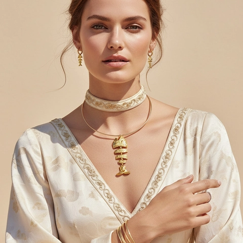 Collana Choker Con Pendente Lisca Di Pesce In Lega Dorata Gioielli Statement Boemi Per Donna Flessibile Trama Spirale