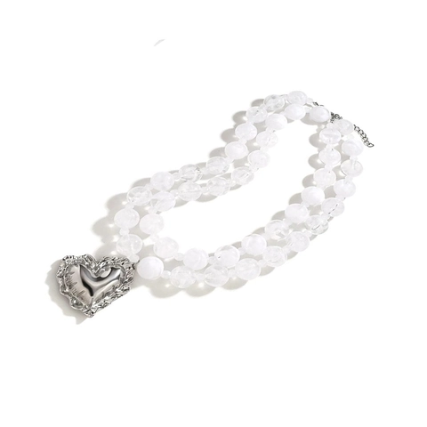 Retro Herz Anhänger Zwelagige Perlenkette Strukturierte Silberlegierung Weiße Acrylperlen Für Damen Vintage Stil