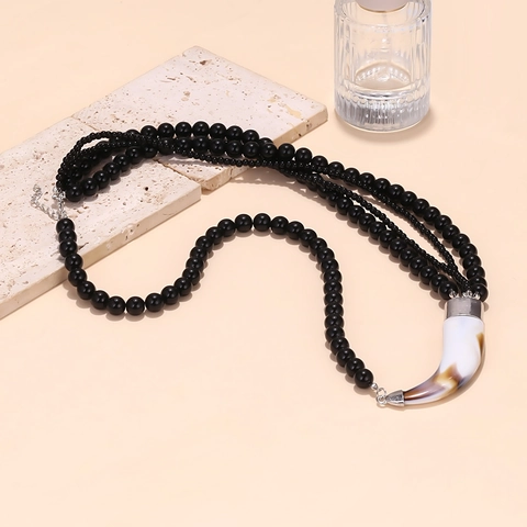Multi-Layered Black Round Beaded Necklace With Large Marble Texture Resin Horn Pendant Boho Vintage Ethnic Jewelry For Women