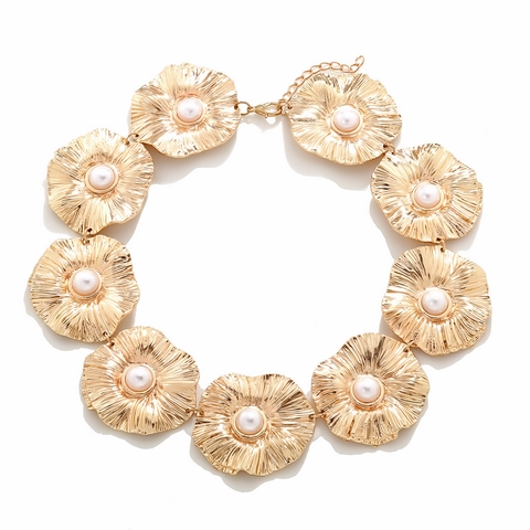 Vintage Blume Statement Choker Kette Mit Legierung Strahlender Textur Und Imitationsperlen Verstellbar Für Damen Luxus