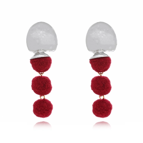 Hammered Metal Geometric Drop Earrings With Triple Velvet Pom Poms And Stainless Steel Earring Post Long Fashion Dangle For Women