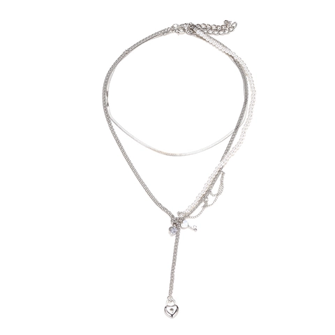 Collana A Strati Con Ciondolo A Lucchetto A Cuore E Chiave Lega Imitazione Perla Artificial Rhinestone Catena A Serpente Moda Donne