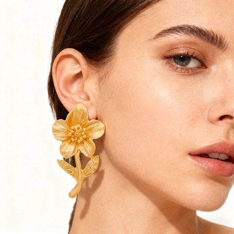 Flower Drop Earrings Zinc Alloy Floral Textured Petal Leaf Stem Dangle Accessories With Stainless Steel Earring Post Women