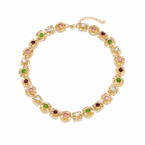 Vintage Geometric Multi-Color Rhinestone Necklace Alloy Gold Plated Choker Luxury Statement Jewelry For Women