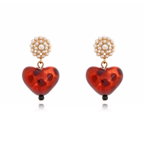Vintage Red Heart Pendant Earrings With Faux Artificial Pearl Cluster And Leopard Print Resin Elegant Jewelry For Women