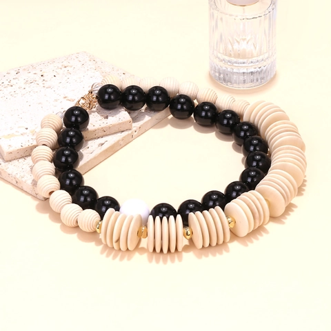Collana Di Perle A Doppio Strato Legno E Resina Geometrica Grossa Retro Bohemien Gioielli Esagerati Da Donna Pezzo Dichiarazione