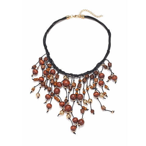 Bohemian Tassel Necklace With Wood Beads And Gold Zinc Alloy Accents Ethnic Style Vintage Multilayer Jewelry For Women