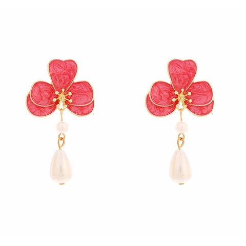 Orecchini Pendenti A Fiore Lega Smalto Finta Perla Artificial Con Perno In Acciaio Inossidabile Gioielli Vintage Per Donna