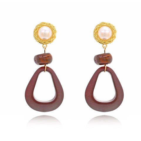 Geometric Teardrop Drop Earrings With Wood Resin Imitation Artificial Pearl Alloy And Stainless Steel Earring Post Retro For Women