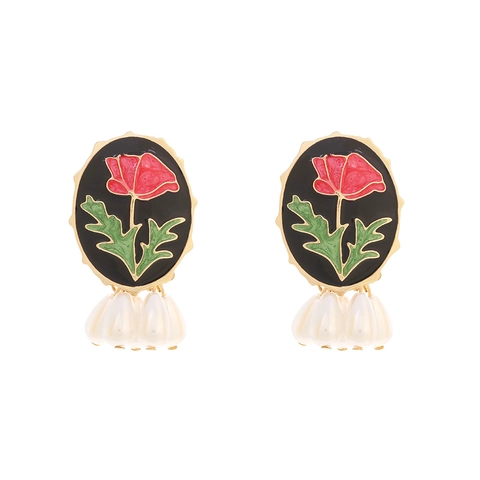 Orecchini Pendenti Rosa Vintage Smalto Nero Motivo Floreale Con Perla Artificial Imitazione Goccia D'Acqua Perno In Acciaio Inossidabile
