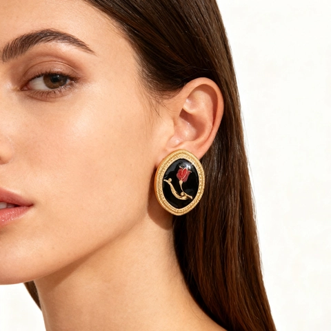 Boucles D Oreilles Puces Ovales Florales En Alliage Emaille Avec Tige En Acier Inoxydable Style Retro Francais