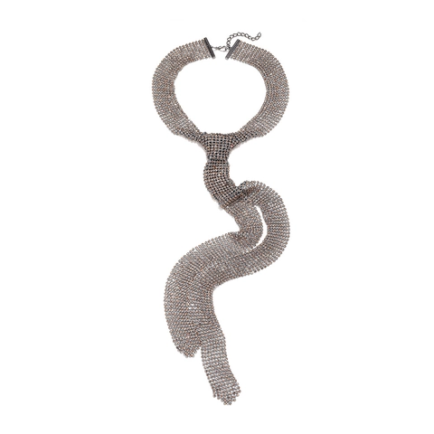 Collier Pendentif Cravate En Strass Champagne Alliage Maille Creuse Surface Rétro Luxe Chaîne De Pull Longue Accessoire Femme