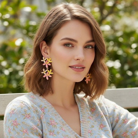 Blumen Anhänger Ohrringe Emaille Zinklegierung Floral Geschichtet Süßer Schmuck Für Damen Mit Edelstahl Ohrstecker