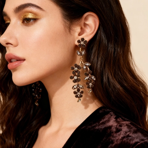 Retro Hollow Flower Leaf Long Dangle Earrings With Rhinestone Alloy And Stainless Steel Earring Post For Women