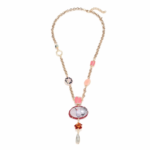 Collier Long Pendentif Vintage Alliage Zinc Émail Grue Motif Fleur Style Bohème Bijoux Multicouches Pour Femmes