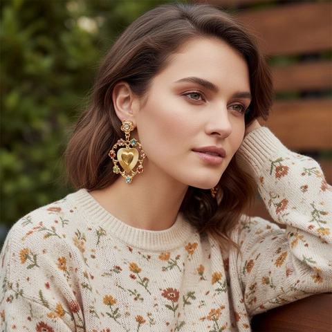 Alloy Heart Drop Earrings With Multi Color Rhinestones Vintage Flower Dangle Jewelry For Women Elegant Baroque Style