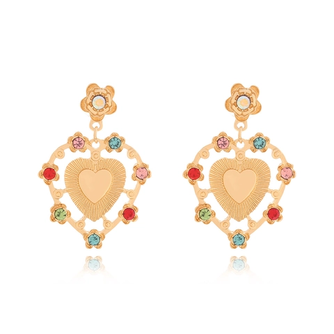 Alloy Heart Drop Earrings With Multi Color Rhinestones Vintage Flower Dangle Jewelry For Women Elegant Baroque Style