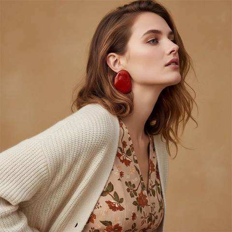 Irregular Geometric Studs Burgundy Alloy Enamel Glazed Retro Exaggerated Fashion Women With Stainless Steel Earring Post