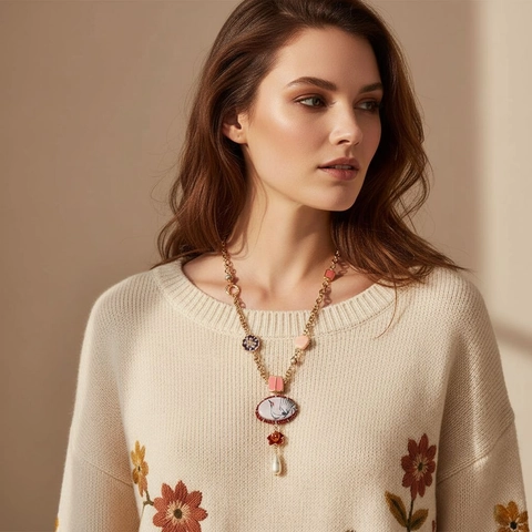 Collier Long Pendentif Vintage Alliage Zinc Émail Grue Motif Fleur Style Bohème Bijoux Multicouches Pour Femmes